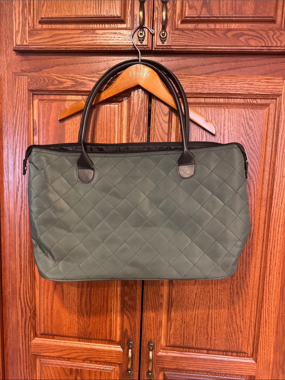 Quilted Olive Tote Bag with Dark Handles NWOT